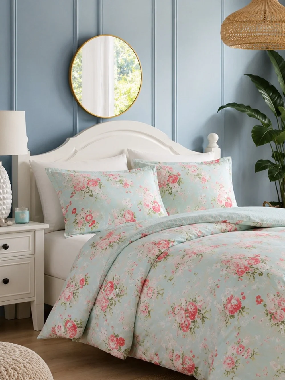 Laura Ashley Full Queen Floral Cotton Comforter Set New Cottage Aqua Pink - Picture 2 of 5